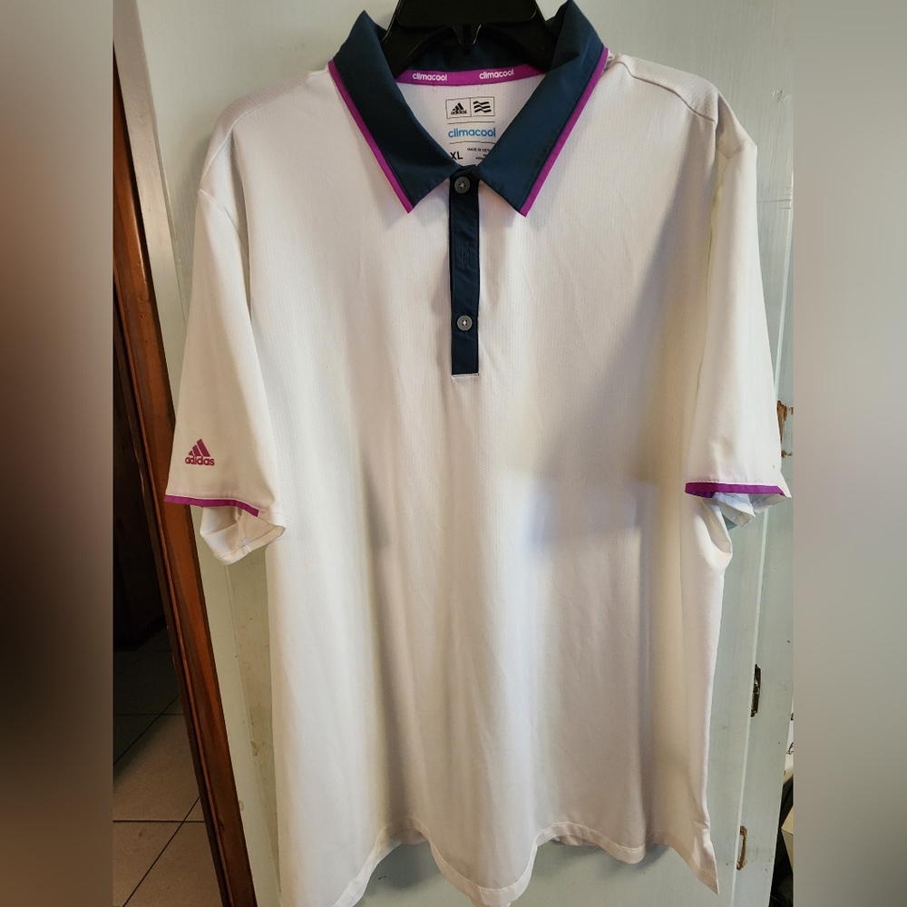 Adidas ClimaCool XL short sleeve polo blue and purple trim on white